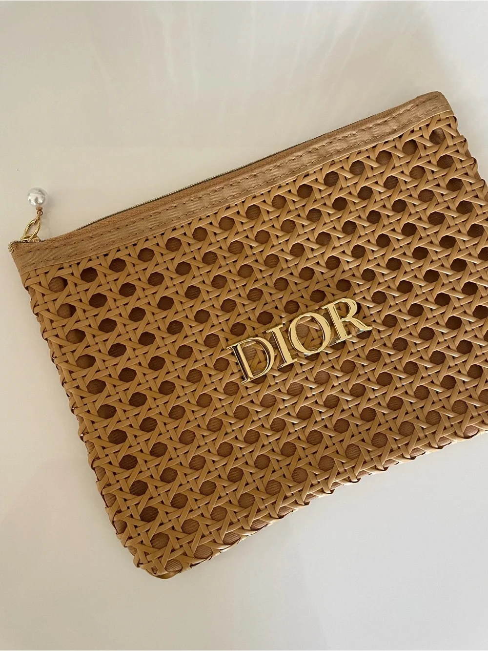 DIOR Tan Beige Woven Bag gold purse pearl wristlet clutch LOGO